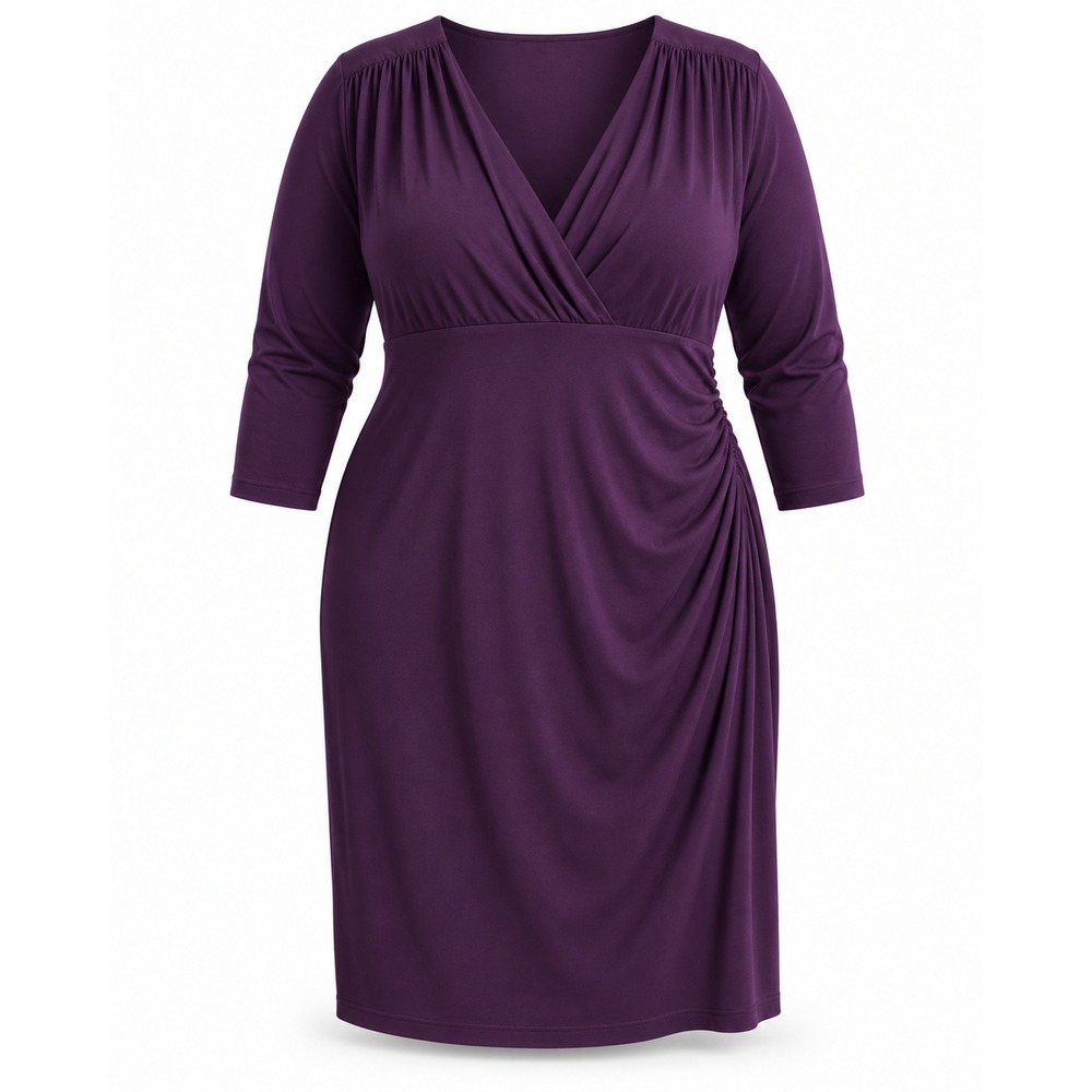 Lauren Ralph Lauren Purple Faux Wrap Ruched Jersey Dress Size 16 3/4 Sleeve